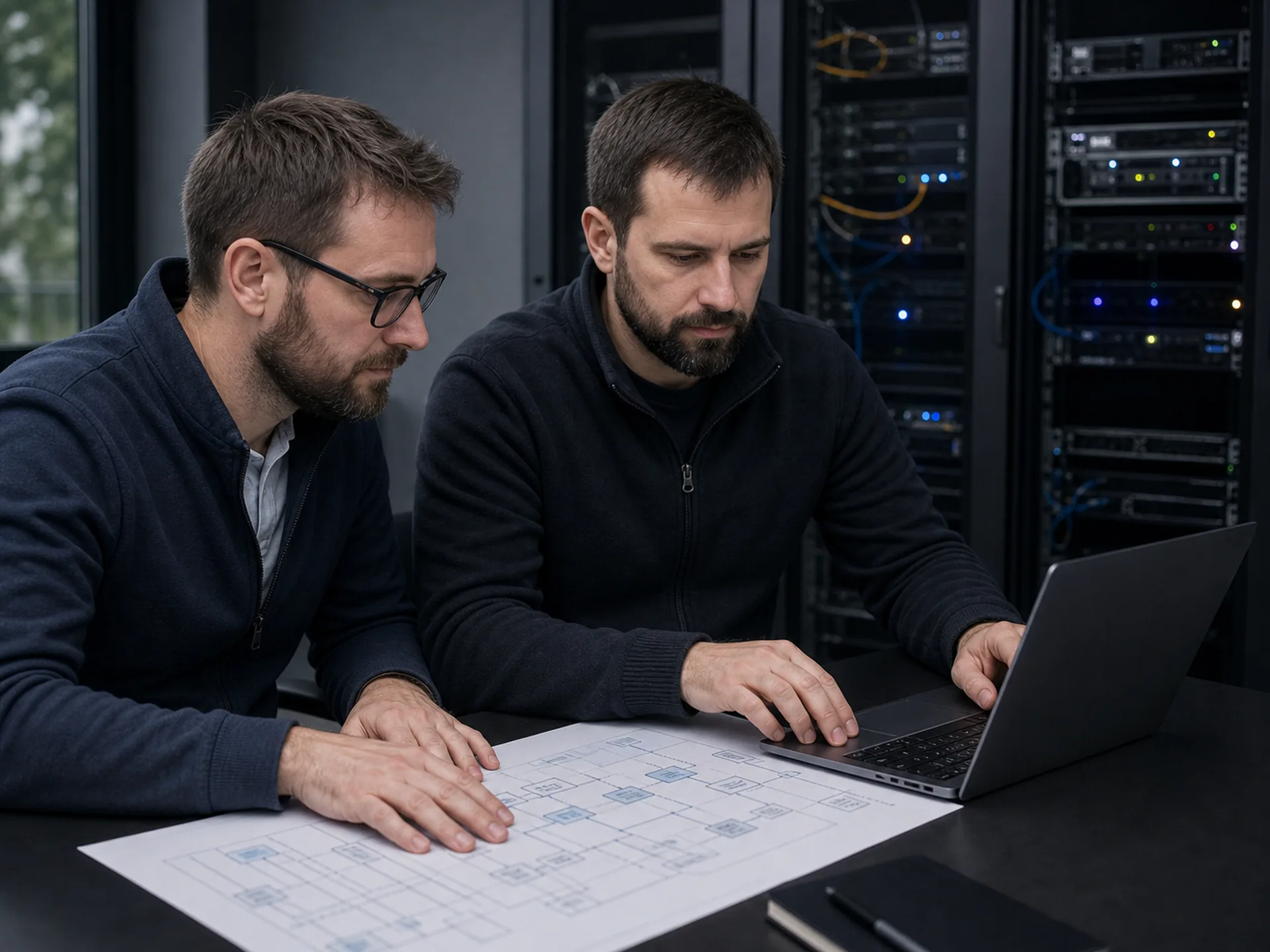 Inżynierowie projektują architekturę rozwiązania systemowego dla klienta.