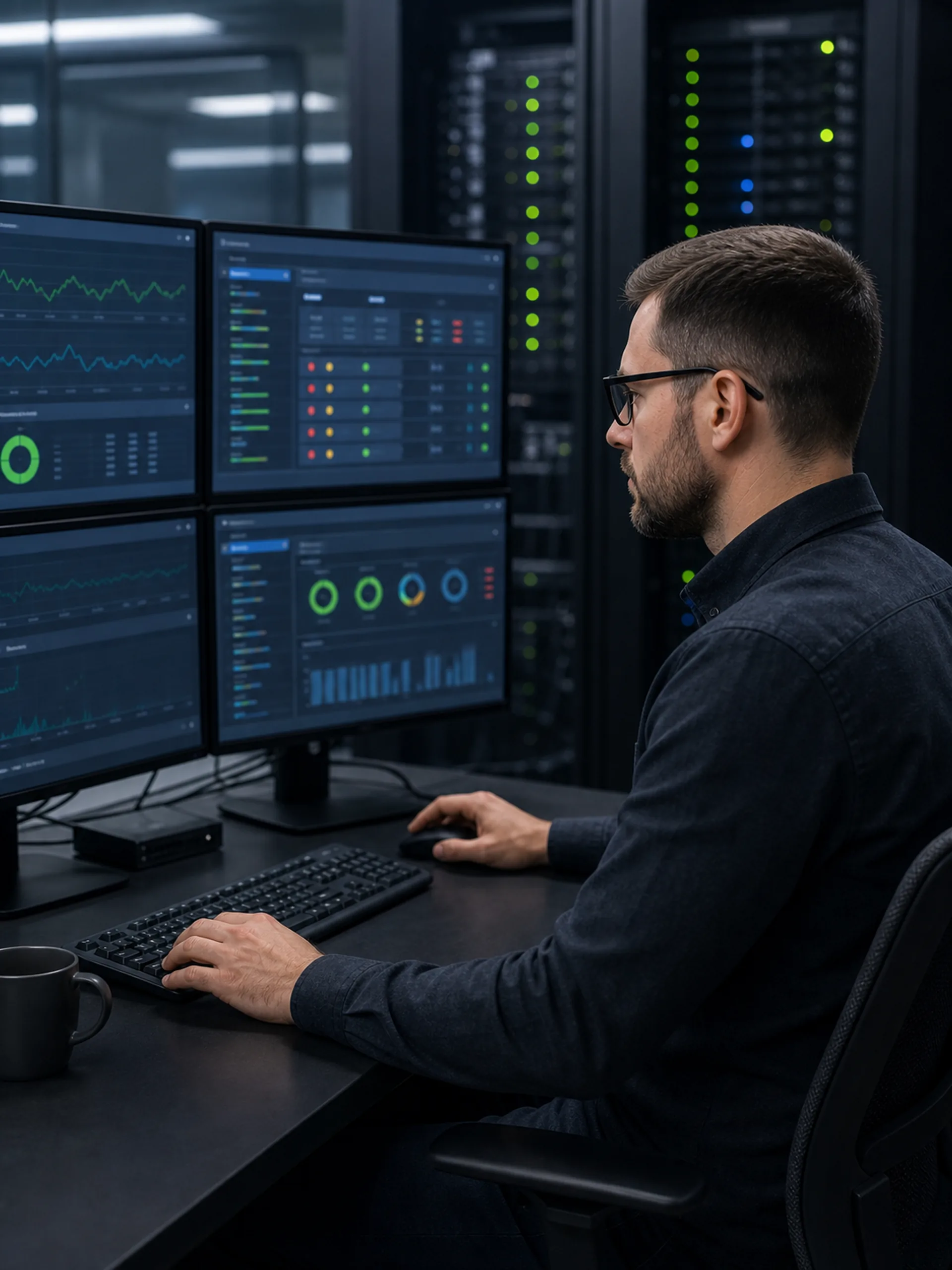 Administrator analizuje wydajność serwerów i aplikacji w centrum monitoringu.
