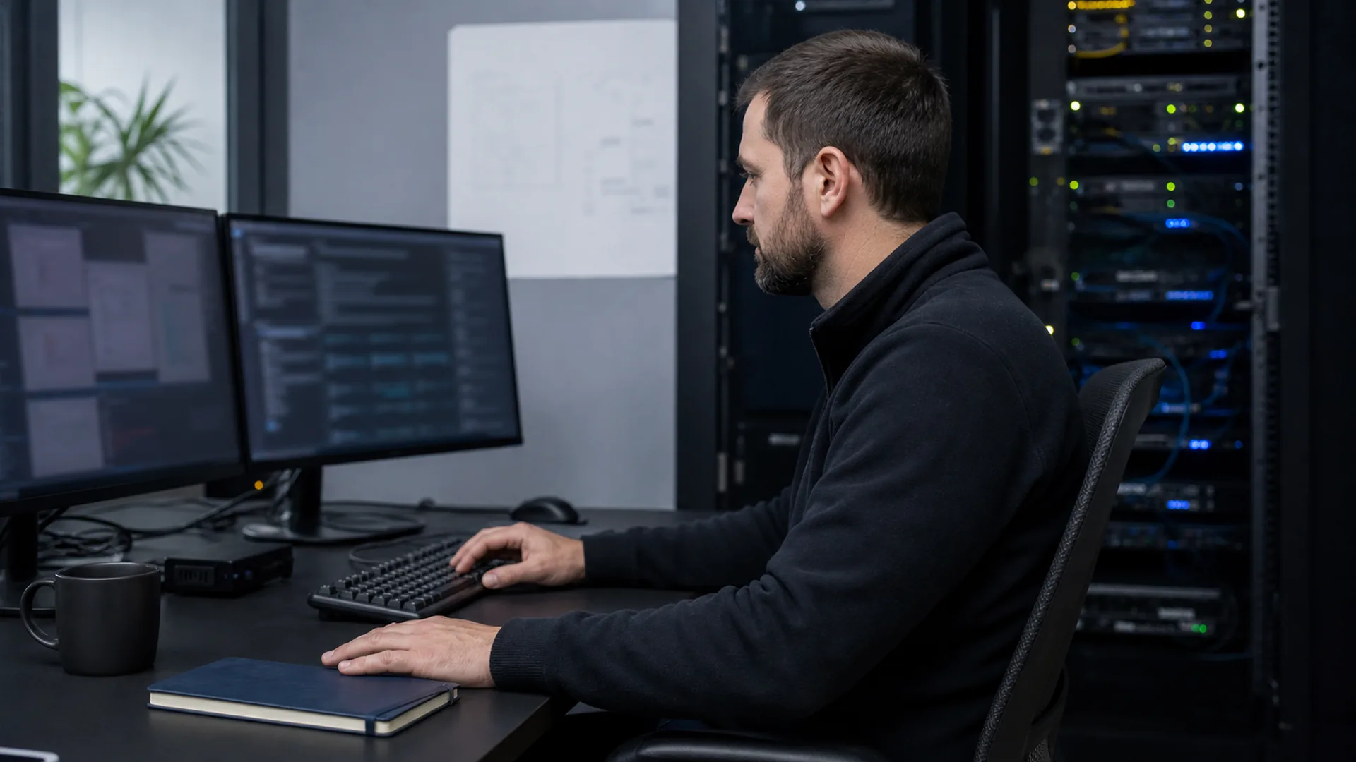 Technik monitoruje infrastrukturę i wykonuje diagnostykę zapobiegającą awariom.
