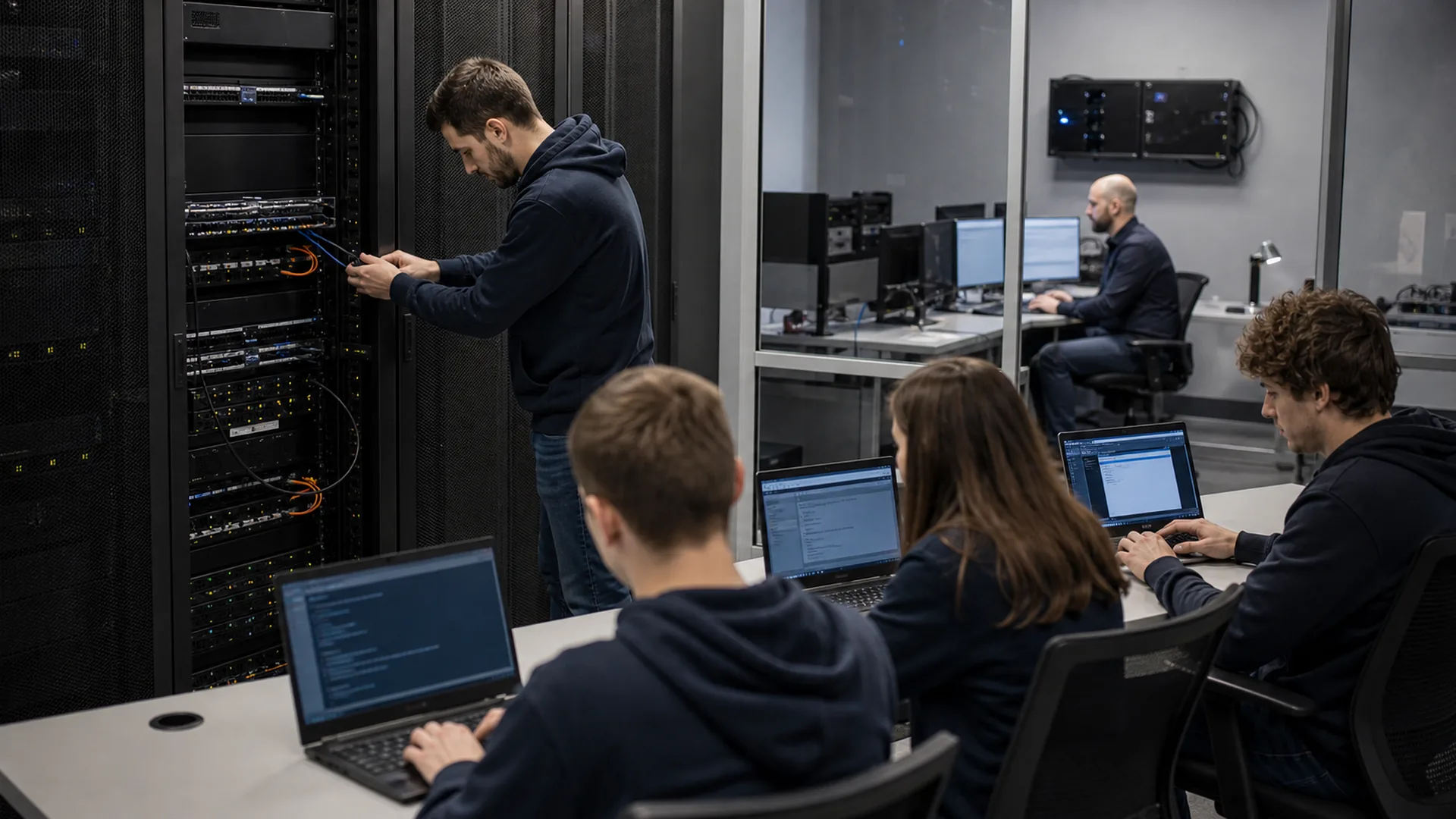 Uczestnicy szkolenia wykonują praktyczne zadania administratora systemów informatycznych.